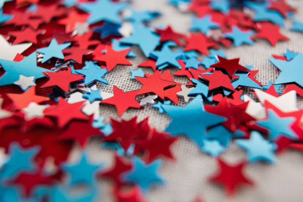 Star shape decoration with 4th july theme Close-up of star shape decoration with 4th july theme 70s theme stock pictures, royalty-free photos & images