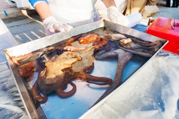 коробки, полные свежевыловленного осьминога. раннее зимнее утро на рынке марсакслокк, мальта. - octopus seafood malta catch of fish стоковые фото и изображения