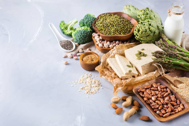 sortiment an gesunde vegane proteinquelle und bodybuilding essen - soy products stock-fotos und bilder