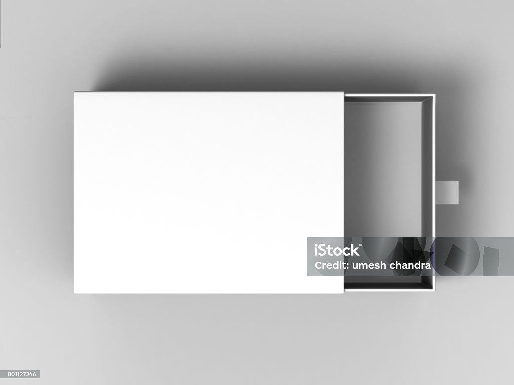 Realistic Package Cardboard Sliding Box on grey background. For small items, matches, and other things. Realistic Package Cardboard Sliding Gift Box on grey background. For small items, matches, and other things. Box - Container Stock Photo
