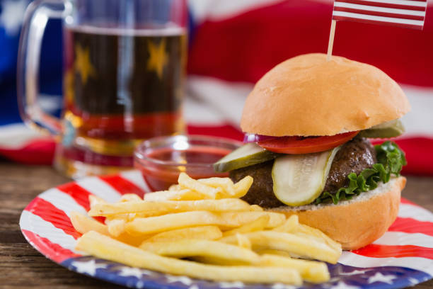 istock Burger on wooden table with 4th july theme 801142404