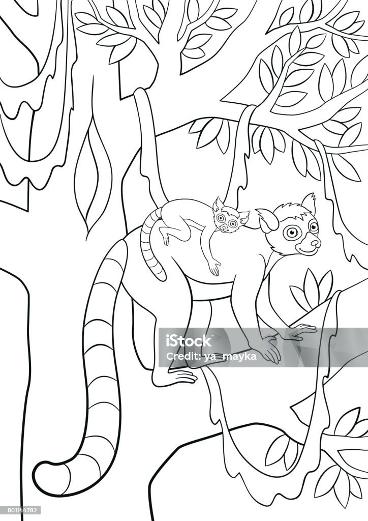 Coloring pages. Mother lemur with her little cute baby. Coloring pages. Mother lemur stands on the tree branch in the forest with little cute baby on her back and smiles. Africa stock vector