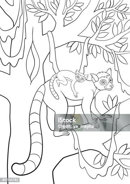 Coloring Pages Mother Lemur With Her Little Cute Baby Stock Illustration - Download Image Now