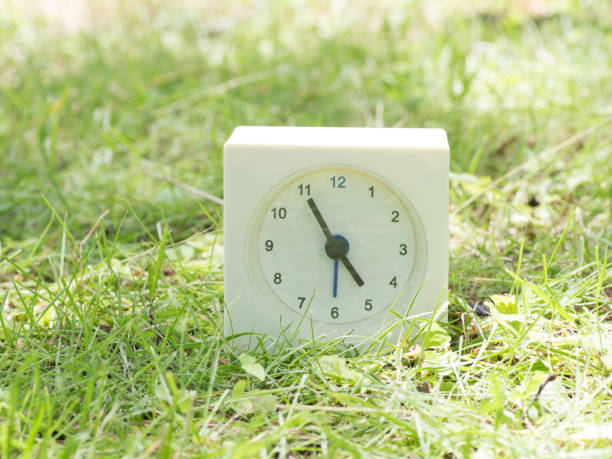 istock White simple clock on lawn yard, 4:55 four fifty five o'clock 801160642