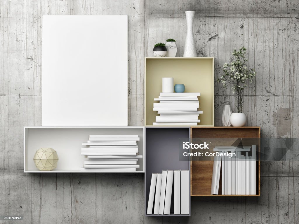 White mock up poster on bookshelf White mock up poster on bookshelf, 3d illustration Bookshelf Stock Photo