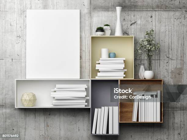 White Mock Up Poster On Bookshelf Stock Photo - Download Image Now - Bookshelf, Shelf, Bookstore