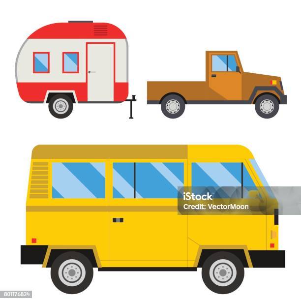 Campers Vacation Travel Car Summer Nature Holiday Trailer House Vector Illustration Flat Transport Stock Illustration - Download Image Now