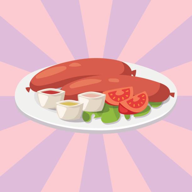 ilustraciones, imágenes clip art, dibujos animados e iconos de stock de fumar secadas salchichas con salsa de tomate plato carne cena cocina delicioso almuerzo cerdo comida barbacoa vector ilustración - smoked salmon illustrations