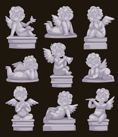 Beautiful statue of angel praying isolated marble antique sculpture and cupid boy statue stone decoration symbol vector illustration. Holy ancient beautiful baby classical religious detail.