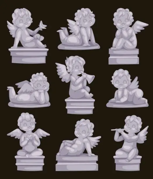 Vector illustration of Beautiful statue of angel praying isolated marble antique sculpture or monument and cupid boy statue stone decoration symbol vector illustration