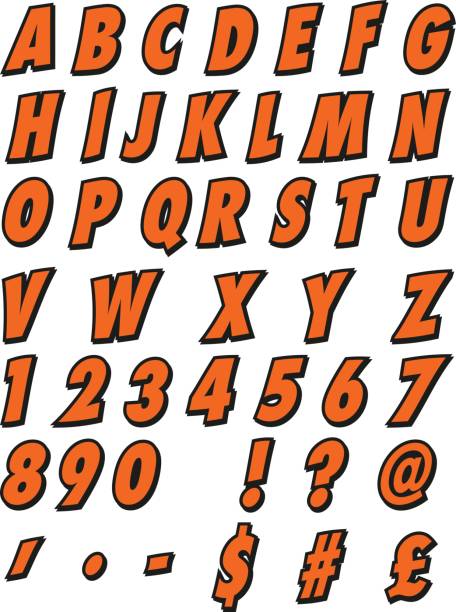 Letters and numbers Comics styled capital letters, numbers, exclamation point, question mark, “at” symbol, comma, period, minus sign, dollar sign and pound symbol. cartoon fonts stock illustrations