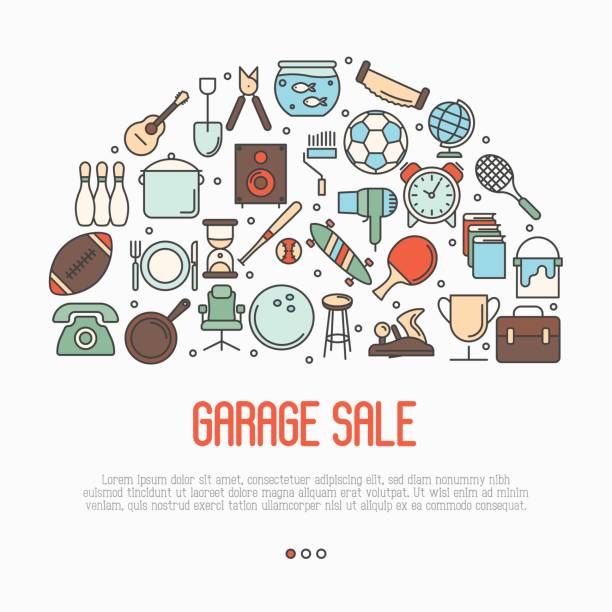 内のテキストとサークルでガレージ セールやフリー マーケットのコンセプト。細い線のベクトル図です。 - garage sale flea market sale market点のイラスト素材／クリップアート素材／マンガ素材／アイコン素材