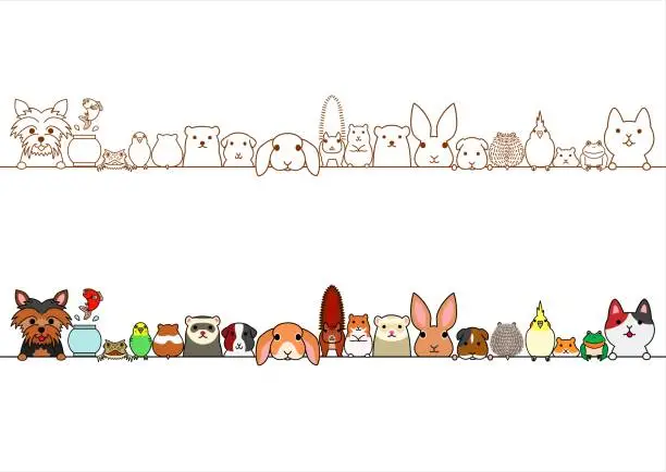 Vector illustration of cute pet animals border set