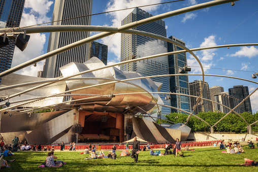 Chicago, Illinois: Jay Pritzker Pavilion in Millennium Park in Chicago.  It is the home of the Grant Park Symphony Orchestra and Chorus, and the Grant Park Music Festival.