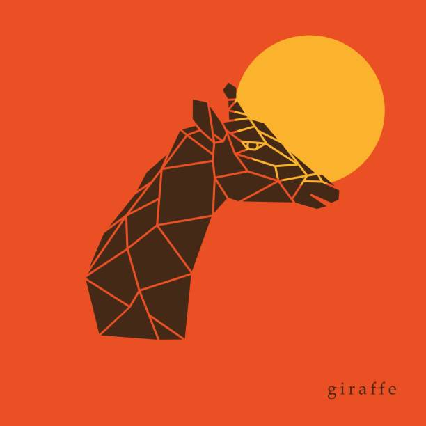 キリン頭、オレンジ色の背景に分離された幾何学的なラインのシルエットです。キリンの側面図です。太陽の背景のポスターのキリン。 - giraffe south africa zoo animal点のイラスト素材／クリップアート素材／マンガ素材／アイコン素材