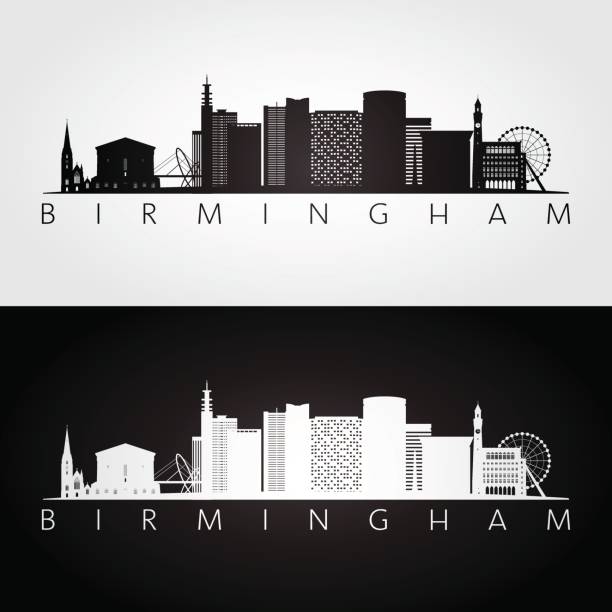 ilustrații de stoc cu orizont birmingham și siluetă repere, design alb-negru, ilustrație vectorială. - birmingham anglia