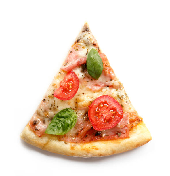 Pizza. Fresh Italian margherita with salami, basil and tomato isolated on white background. Top view stock photo