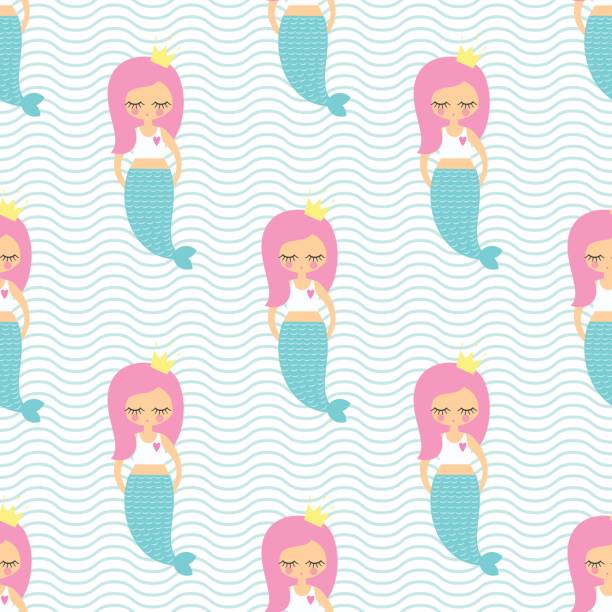 Pink hair mermaid girl seamless pattern on mint green waves background. Pink hair mermaid girl seamless pattern on mint green waves background. Vector sea background for kids. Cute baby shower design for fabric, textile, decor, wallpaper. mermaid dress stock illustrations