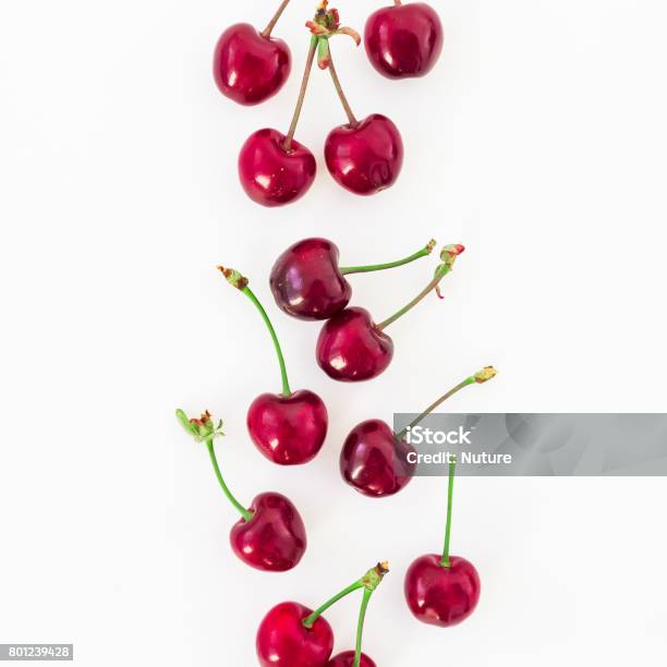 Juicy Tasty Cherries On White Background Flat Lay Top View Red Berries Stock Photo - Download Image Now