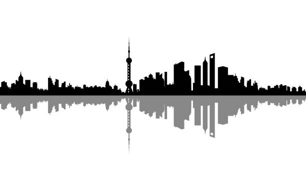 illustrazioni stock, clip art, cartoni animati e icone di tendenza di silhouette dello skyline di shanghai - huangpu district illustrations