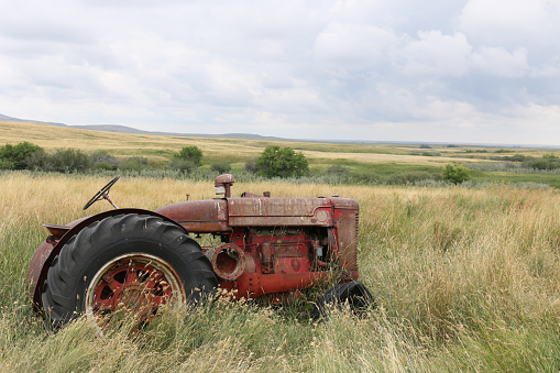 Old wooden horse drawn prairie wagon Montana of western USA,