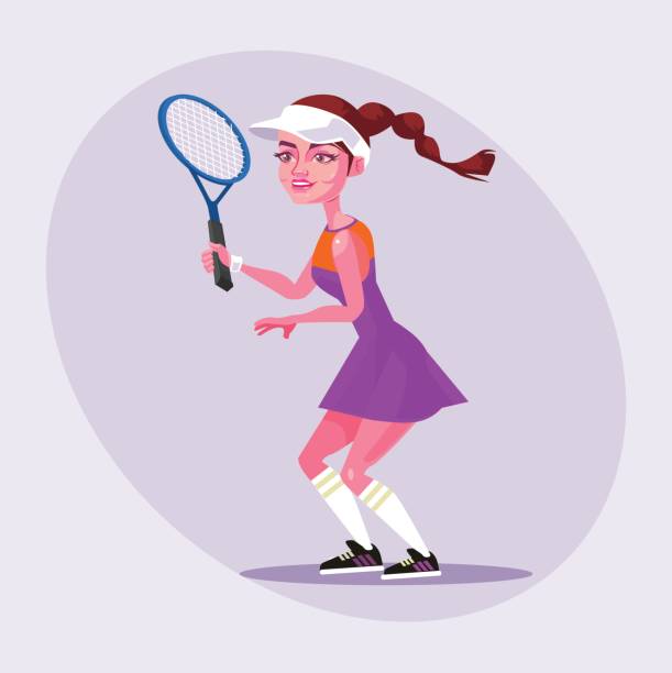 illustrations, cliparts, dessins animés et icônes de heureux caractère fille isolés femme souriante, jouer au tennis - tennis racket ball isolated