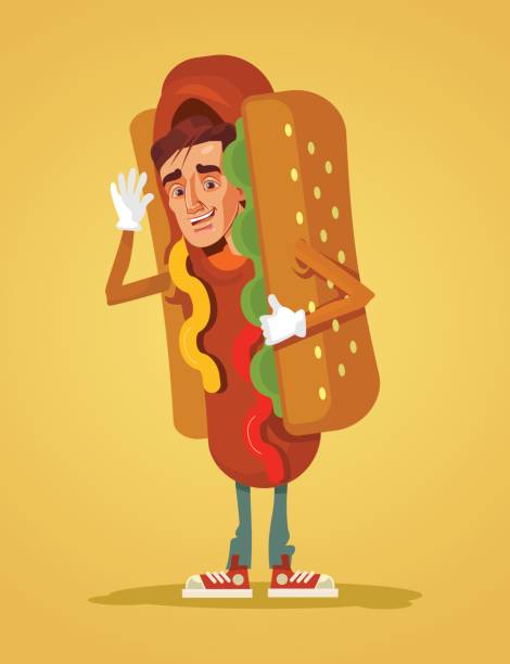 glücklich lächelnden mann promotor charakter maskottchen in hot-dog-anzug gekleidet - wearing hot dog costume stock-grafiken, -clipart, -cartoons und -symbole