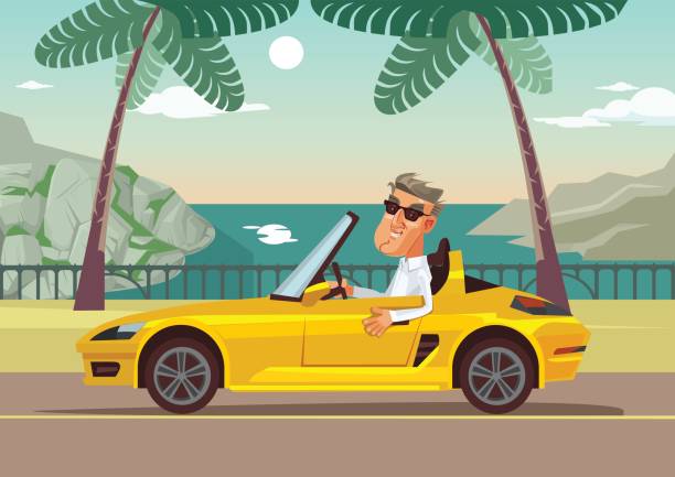 illustrazioni stock, clip art, cartoni animati e icone di tendenza di felice sorriso successo uomo d'affari personaggio seduto in car cabriolet - food motivation driving drive