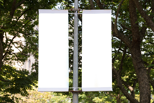 Street, Banner - Sign, Lighting Equipment, Billboard, Advertisement,Large blank billboard on a street wall,  banners with room to add your own text