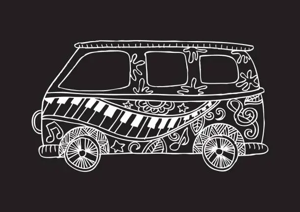 Vector illustration of Retro a mini van with music ornament.