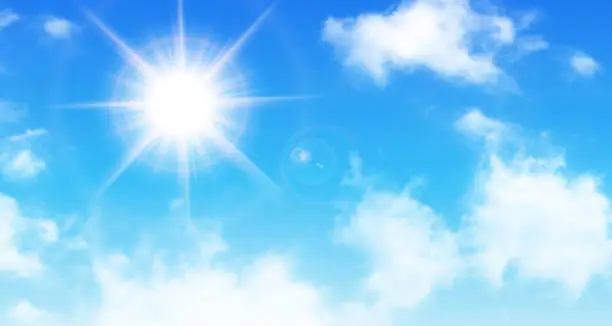 Vector illustration of Sunny background, blue sky with white clouds and sun