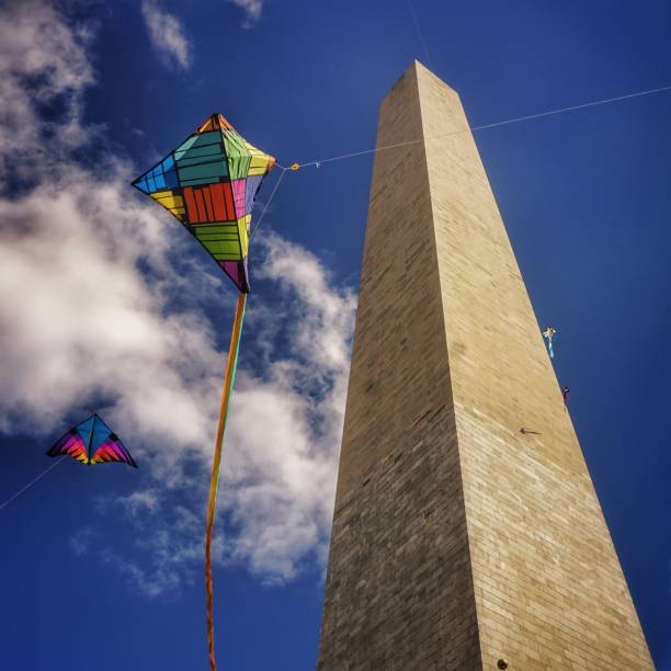 Kites flying high on the National Mall for National Kite Day.   Located at the Washington Monument