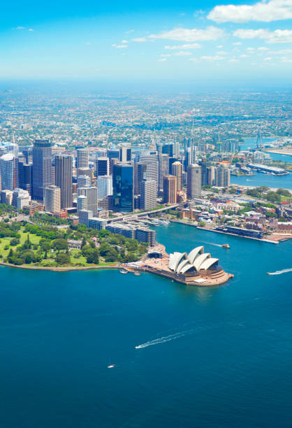 하늘에서 바라본 시드니시 - sydney opera house 이미지 뉴스 사진 이미지