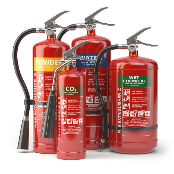 istock Fire extinguishers isolated on white background. Various types of extinguishers. 801278756