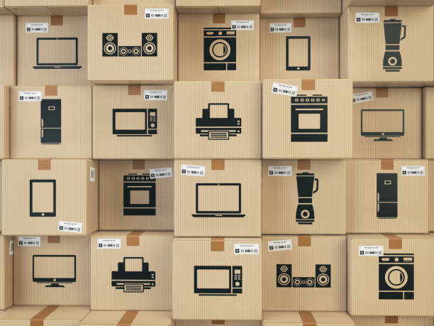 istock Household kitchen appliances and home electronics in boxes . E-commerce, internet online shopping and delivery concept. 801278852