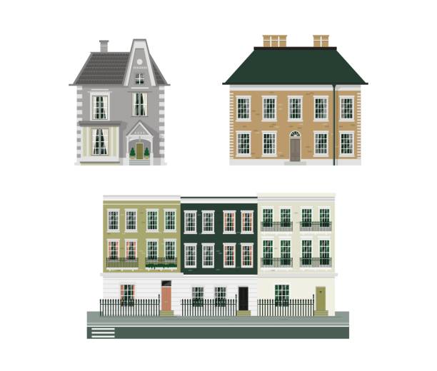 wiktoriańskie budynki zestaw trzech - facade street building exterior vector stock illustrations