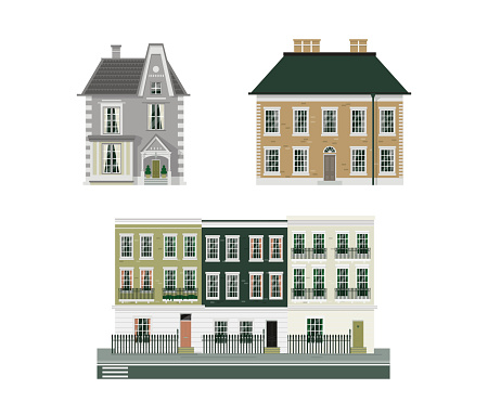 Buildings isolated detailed set of three vintage european historical houses with english classic terrace.