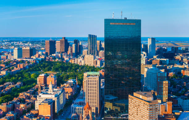 Boston skyline, Massachusetts, USA. Aerial panorama of downtown. View from the top of Prudential Tower Boston skyline, Massachusetts, USA. Aerial panorama of downtown. View from the top of Prudential Tower. boston prudential building stock pictures, royalty-free photos & images