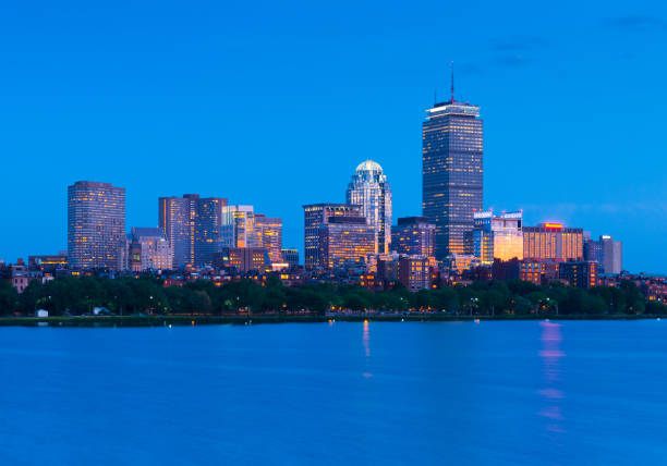 Boston skyline at night. Illuminated buildings in Back Bay. Massachusetts, USA Boston skyline at night. Illuminated buildings in Back Bay. Massachusetts, USA. boston prudential building stock pictures, royalty-free photos & images