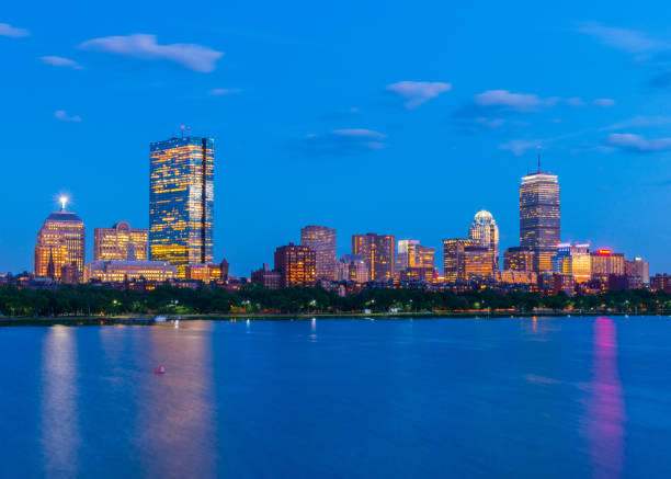 boston skyline at the evening. skyscrapers and office buildings in back bay. massachusetts, usa - boston skyline charles river river imagens e fotografias de stock