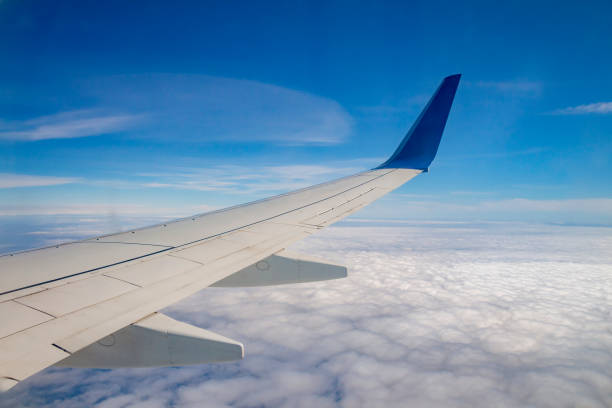 istock Airplane wing on the sky and over sea with clouds 801300350