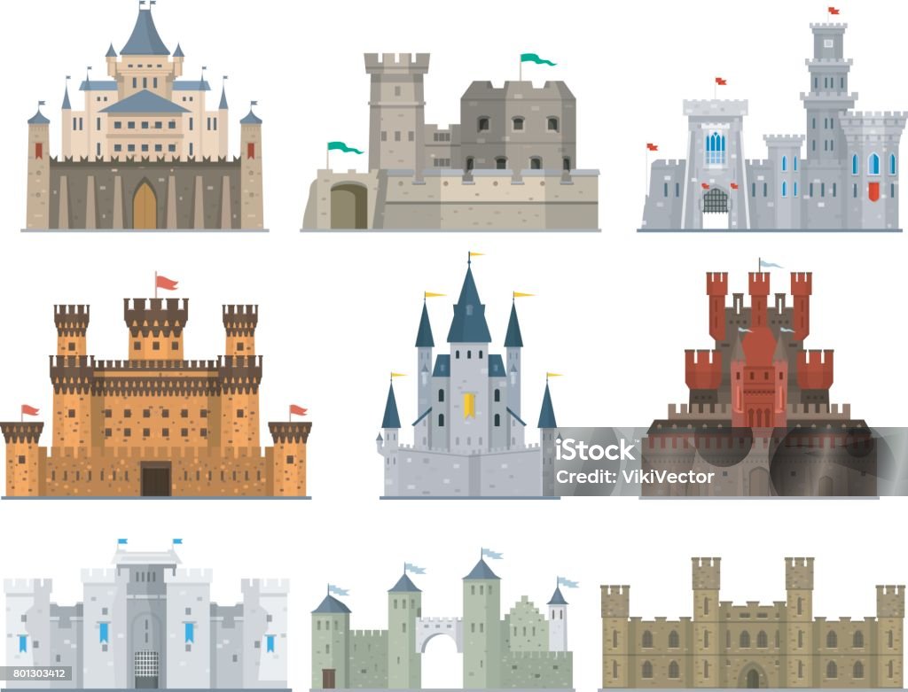 Castles and fortresses vector icon set Castles and fortresses vector set in a flat style. Fairy medieval palaces with towers, walls and flags. Icons old forts isolated from the background. Castle stock vector