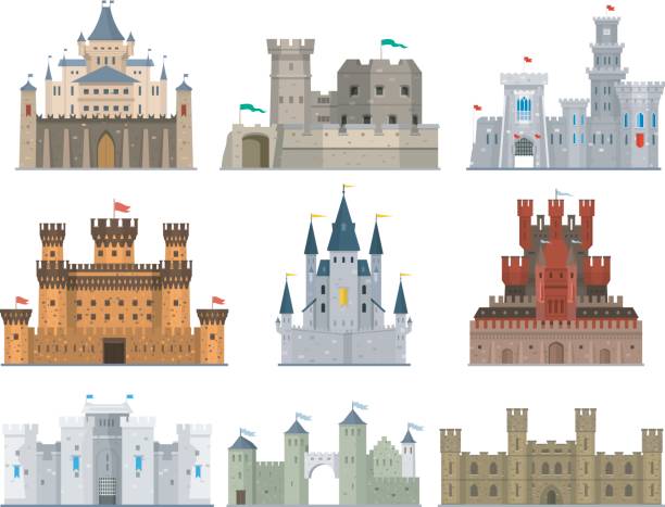 Castles and fortresses vector icon set Castles and fortresses vector set in a flat style. Fairy medieval palaces with towers, walls and flags. Icons old forts isolated from the background. fortified wall stock illustrations