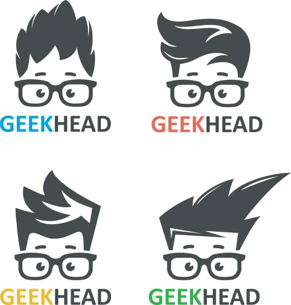 geeks i frajerów wektorowy zestaw logo - human face child little boys human head stock illustrations