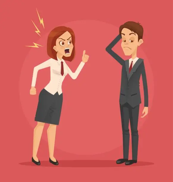 Vector illustration of Angry woman boss character yelling at employee man office worker