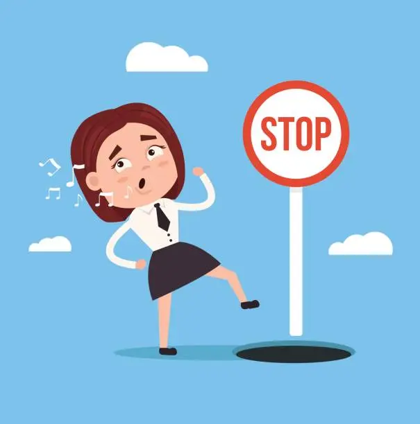 Vector illustration of Businessman office worker woman character  walks and sings song and do not notice open hole
