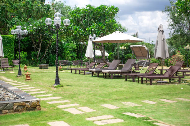 istock Hotel rest area with deck chairs and umbrellas 801332940
