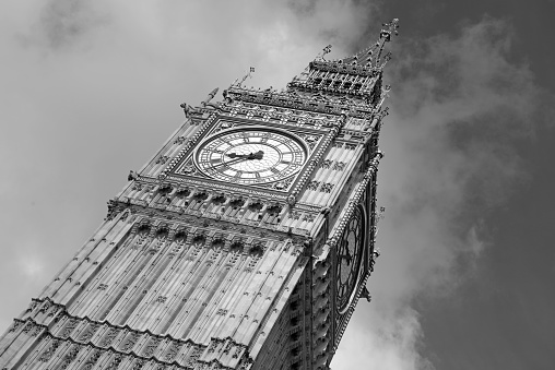 Big Ben clock tower, also known as Elizabeth Tower near Westminster Palace and Houses of Parliament in London England has become a symbol of England and Brexit discussions