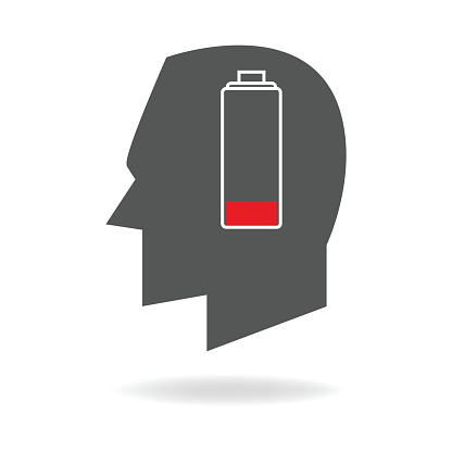 Graphic illustration of human head with empty battery indicator