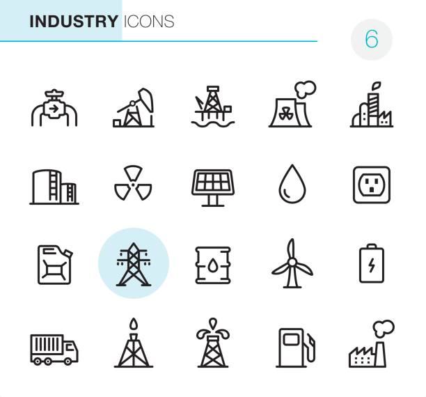 ilustraciones, imágenes clip art, dibujos animados e iconos de stock de industria - iconos perfecto pixel - nuclear energy nuclear power station wind turbine energy